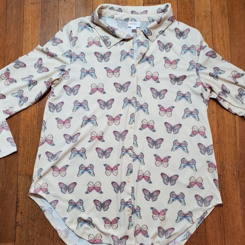 LuLaRoe Collared Button Up Long Sleeve Top With Butterflies